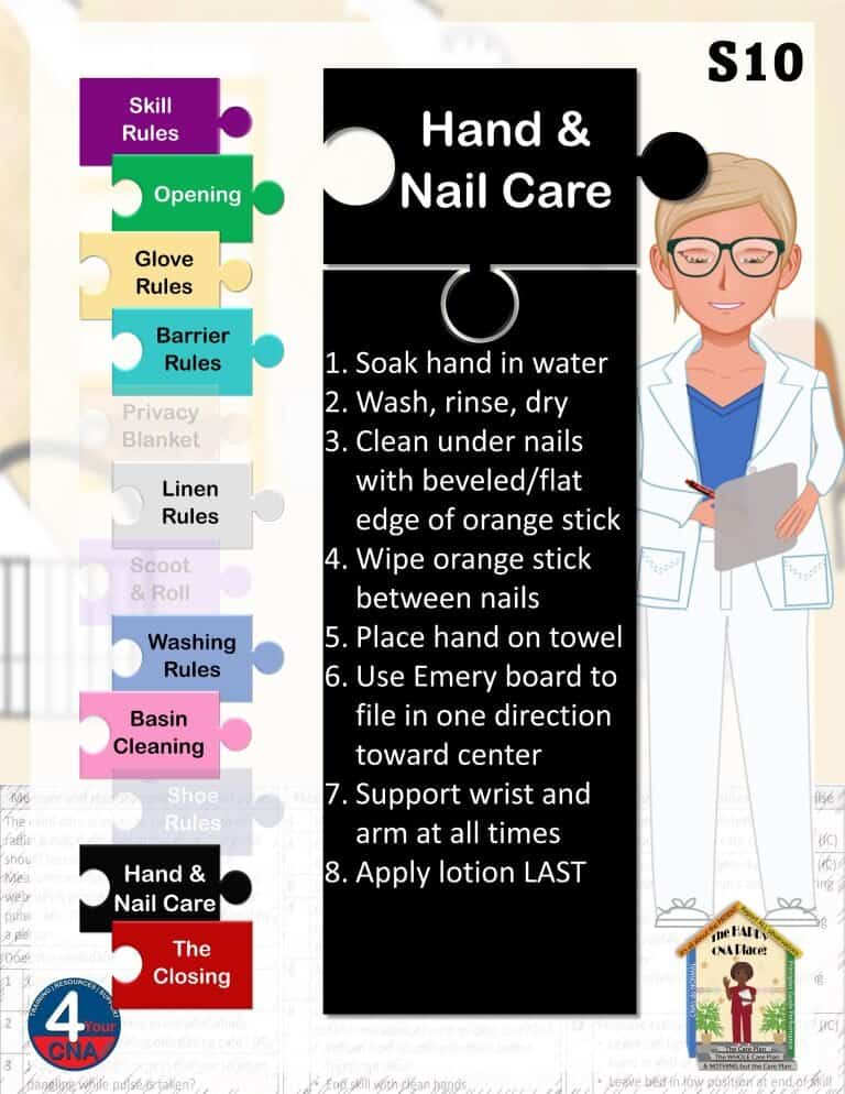 Clean hands and nails care tips for CNA training, including hand washing, nail cleaning, and proper hand positioning.