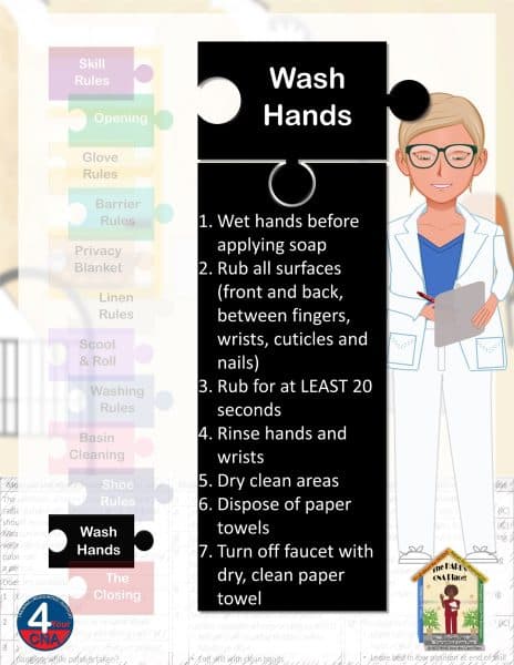 Hand hygiene poster with step-by-step instructions for proper hand washing.