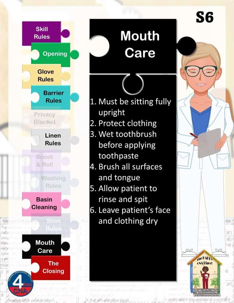 Mouth care best practices for CNA training, including sitting posture and oral hygiene steps.