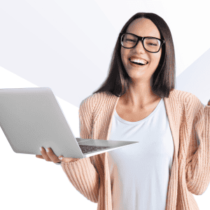 Woman in white shirt, pink sweater holding laptop "Online Course"