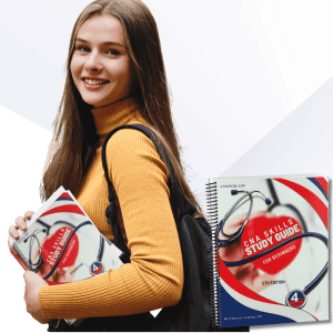 female student with CNA Skills Study guide in arm, bookbag over shoulder "Study Guide"